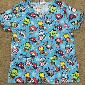 Marvel chibi super heroes with Blue and Pink Accents scrub top